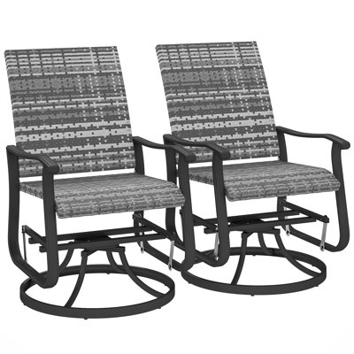 Ensemble de 2 chaises de patio, chaise pivotante d'extérieur en rotin d'osier avec structure en acier, dossier haut, accoudoirs, fauteuil de véranda avec patins réglables pour le jardin, la pelouse, la cour arrière, gris