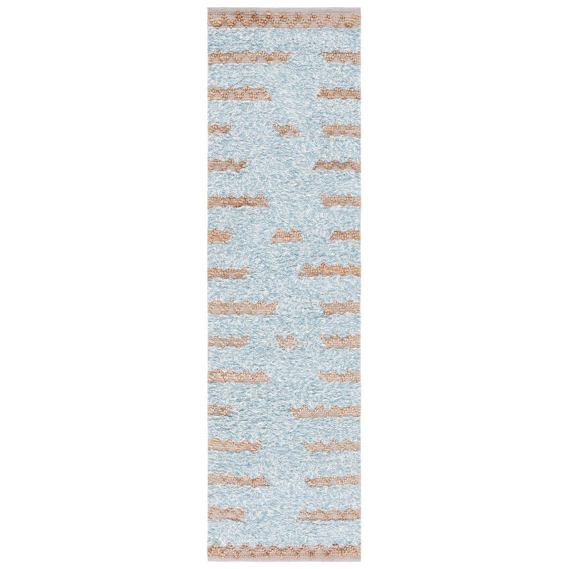 Tapis bleu / naturel en laine, en jute et en coton tissé à la main Amauria, Tapis de couloir 2 pi 3 po x 8 pi