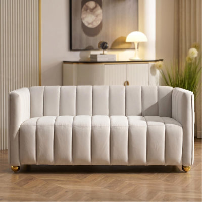 Modern Glam Vertical Channel Tuft Sofa, 82.7" Wide Leather Look Fabric Couch with Continuous Seat, Sturdy Wood Frame Comfort Cushioned Sofa for Apartment Lounge