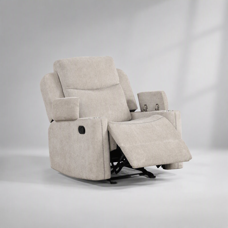 Fauteuil inclinable à bascule Galya en chenille gris pâle avec rangement, design confortable et peu encombrant pour un style de vie moderne