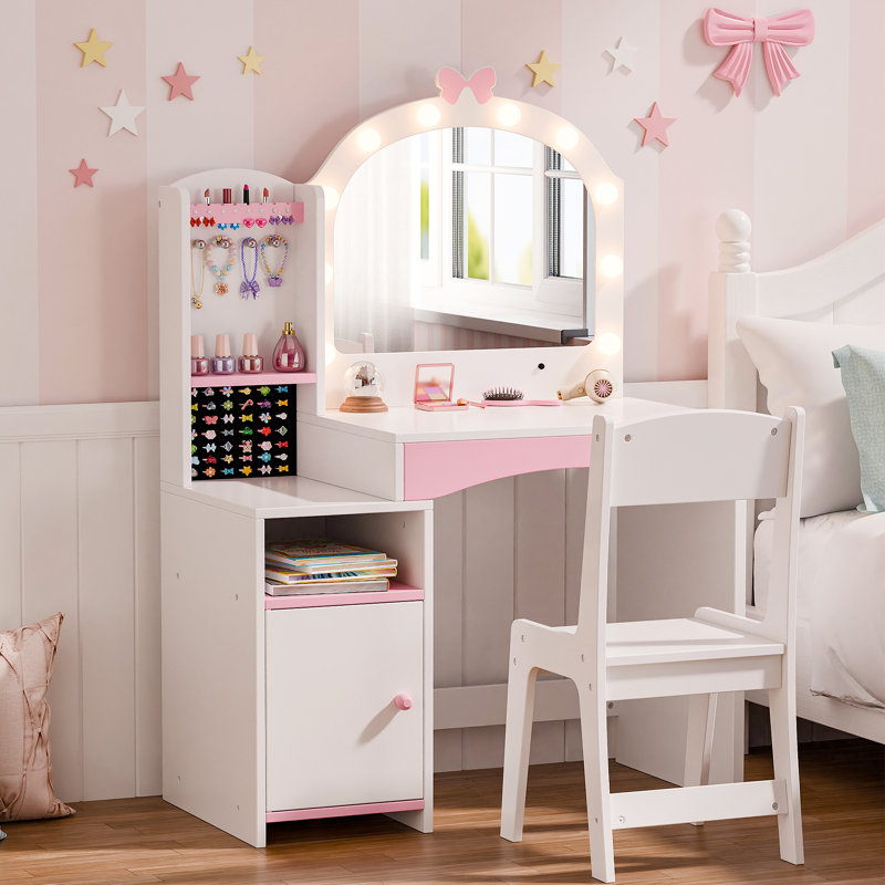Kids Vanity, Vanity Set With Mirror And Chair, White