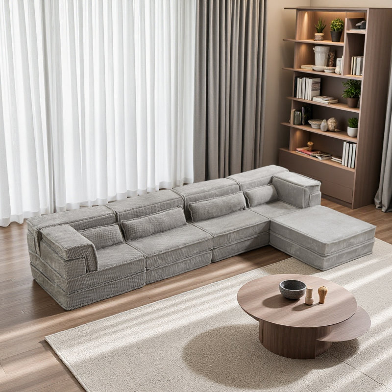 Compression Mahjong Sofa,Convertible Floor Sofa Bed,DIY Boneless Modular Sectional Sofa,No Assembly Required,Circle Fleece Fabric,Oversized 4 Seater With 1 Ottoman