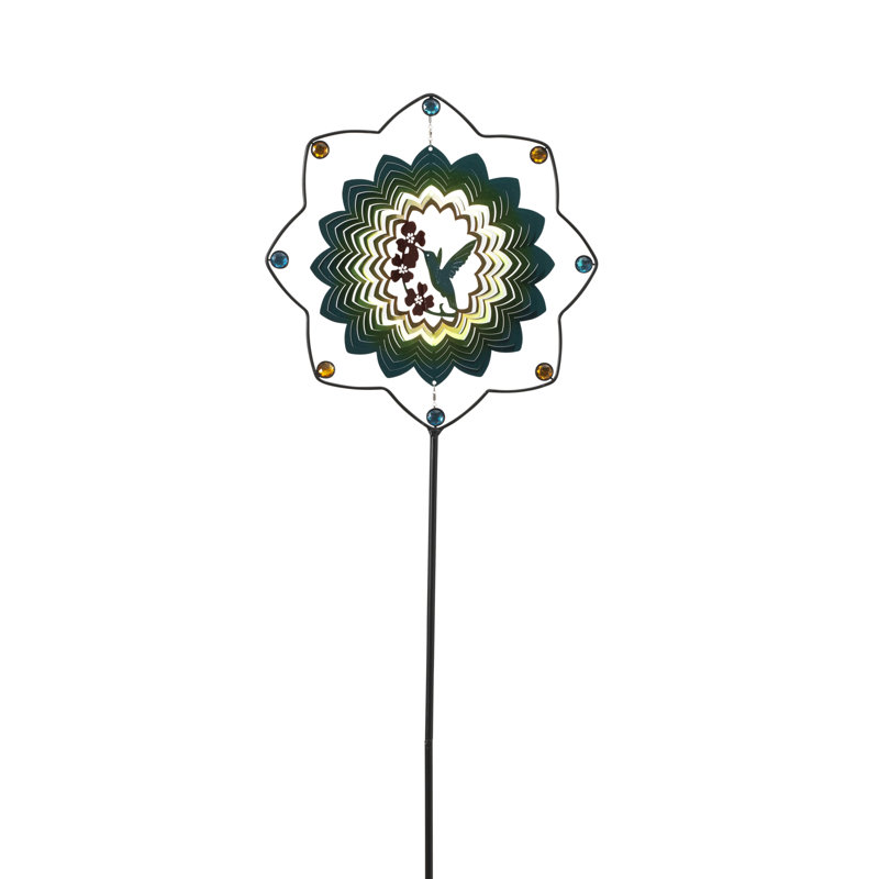 63-Inch Metal and Stainless Steel Bird Spinner Yard Stake – Kinetic Garden Art with Hummingbird Center and Jewel Accents