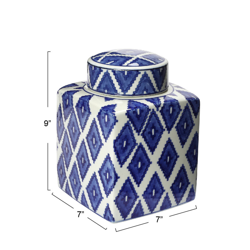 Blue and White Ceramic Diamond Pattern Ginger Jar with Lid