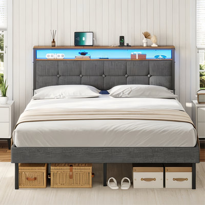 Upholstered Bed Frame With LED Lights & Charging Station Metal Bed Frame with Upholstered Storage Headboard/Under Bed Storage/Noise Free