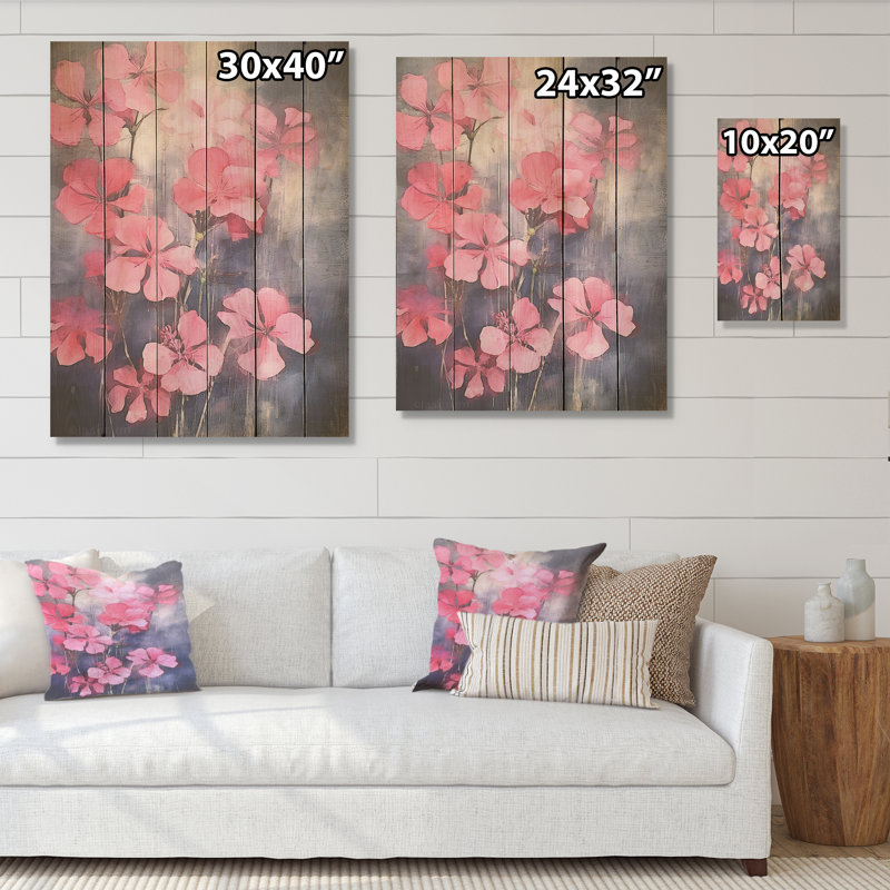 Blue And Pink Geranium Minimal Expression I - Geraniums Wood Wall Art On Natural Pine Wood, 40" H x 30" W