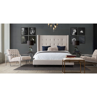 Madison Ave Tufted Wing Queen Bed In Sand Button Tufted Fabric