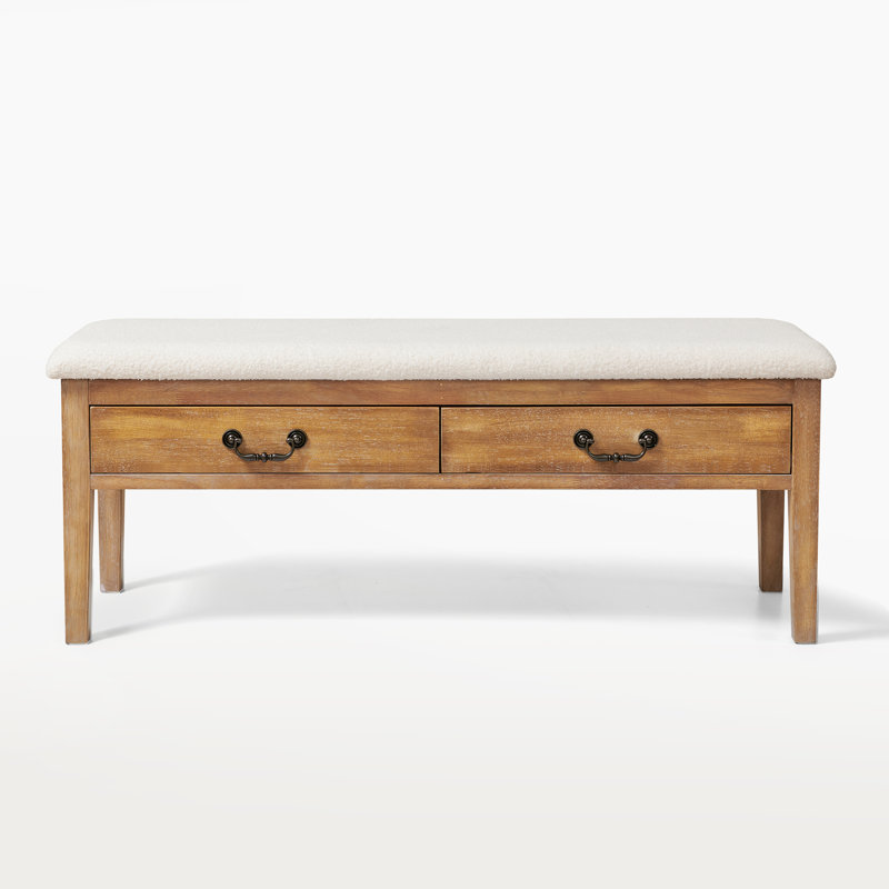 Banc de rangement minimaliste en grain de bois, repose-pieds en bois massif avec 2 tiroirs lisses et coussin en sherpa