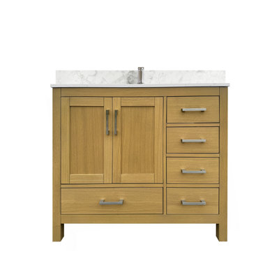 Meuble-lavabo 42 po avec lavabo et trou pour robinet, meuble-lavabo avec 2 portes et 5 tiroirs en chêne