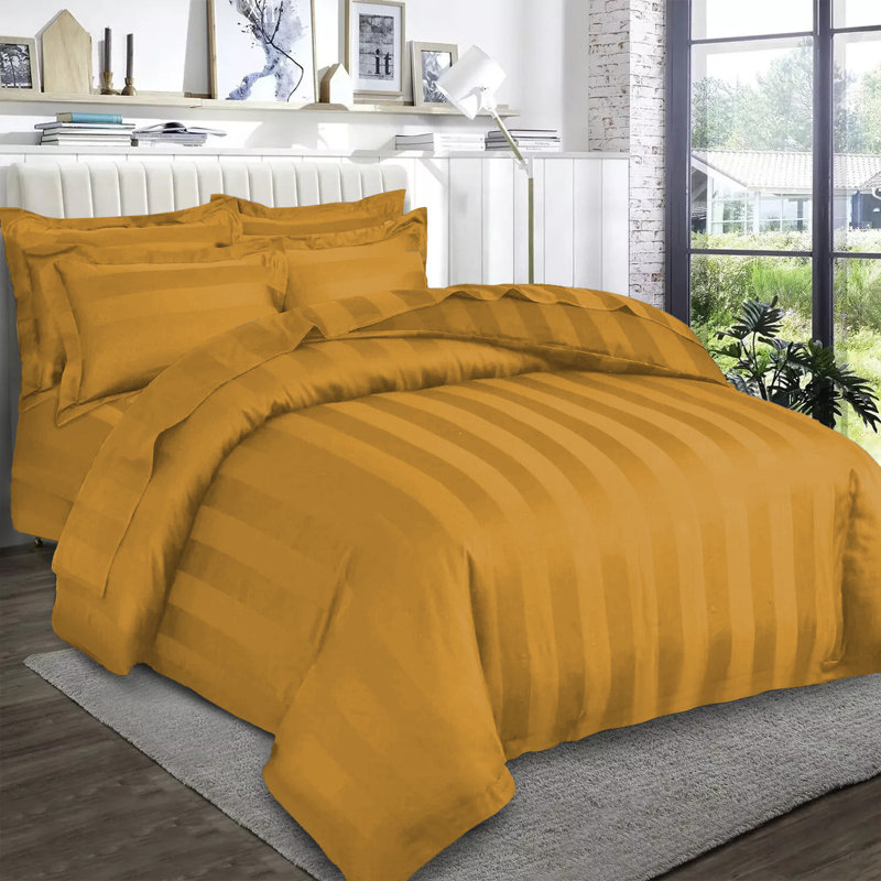 Renze Microfiber 250 TC Reversible Stripe Duvet Cover Set with Pillowcases, Ochre