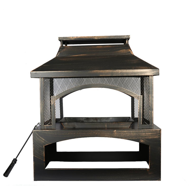 37 Inch Rectangular Outdoor Fireplace Steel Wood Burning Fireplace With Log Storage Compartment And Poker