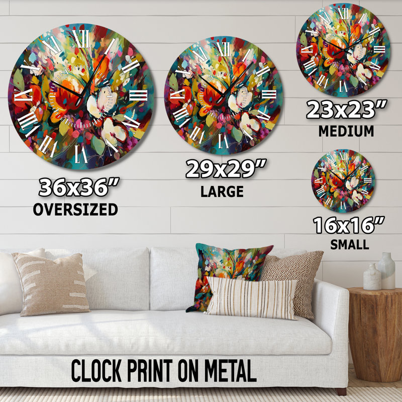Horloge murale Red Vibrant Garden Symphony III - Floral, Médium
