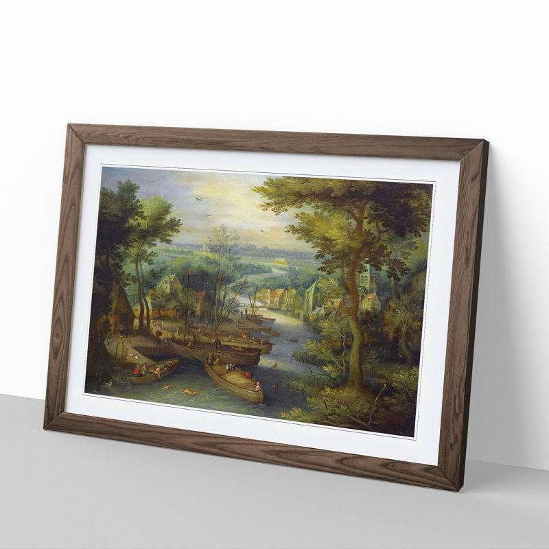 River Landscape by Pieter Bruegel the Elder - Picture Frame Painting, 36cm H x 48cm W x 2cm D, Walnut Framed