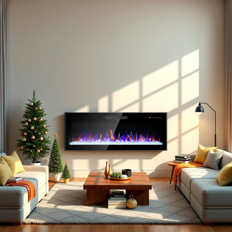 36 inch recessed  thin tempered glass front wall mounted electric fireplace with remote and multi color flame & emberbed, LED light heater