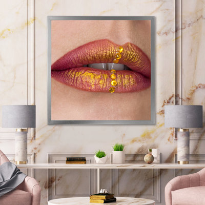 " Female Lips Close-up With Red Lipstick, Gold Paint "