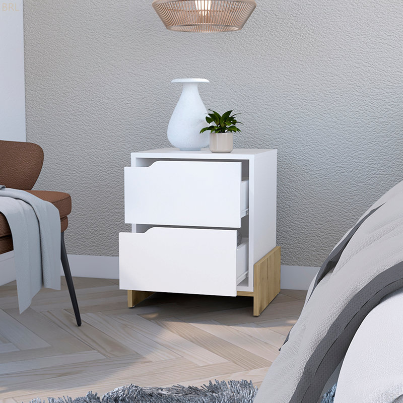 Table de chevet Brookland, table de chevet avec tiroirs doubles et base robuste, Blanc/naturel
