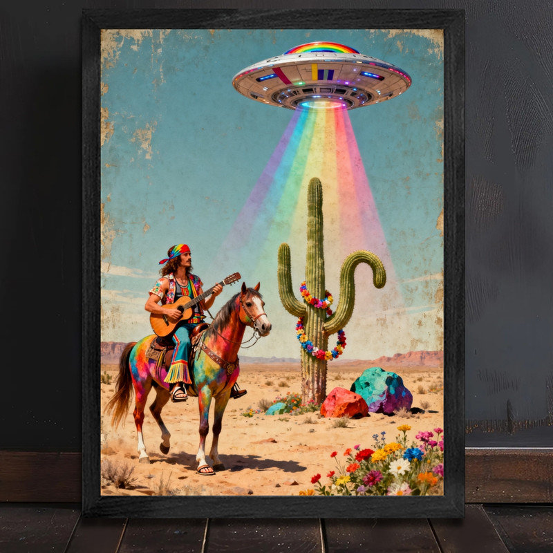 Art mural noir avec encadrement noir, UFO Cowboy, H 17 po x l 13 po