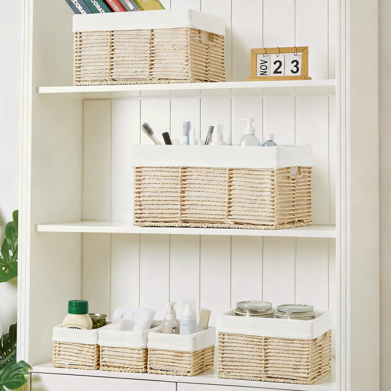 Woven Storage Baskets 6-Pack With Handles, Rectangular Organizer Bins For Closet, Shelf, Dresser, And Home Organization, Sturdy Paper Rope Construction