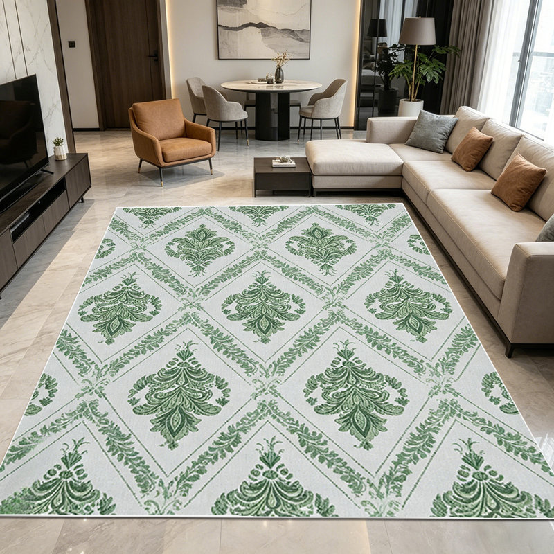 1PC green vintage damask diamond geometric tile area rugs for Living Room, Soft, All seasons, Easy-maintain, Washable Indoor mat, Farmhouse suitable for dining room, bedroom, entryway, kitchen, home office, backyard patio, Home Decor, Outdoor Decor.