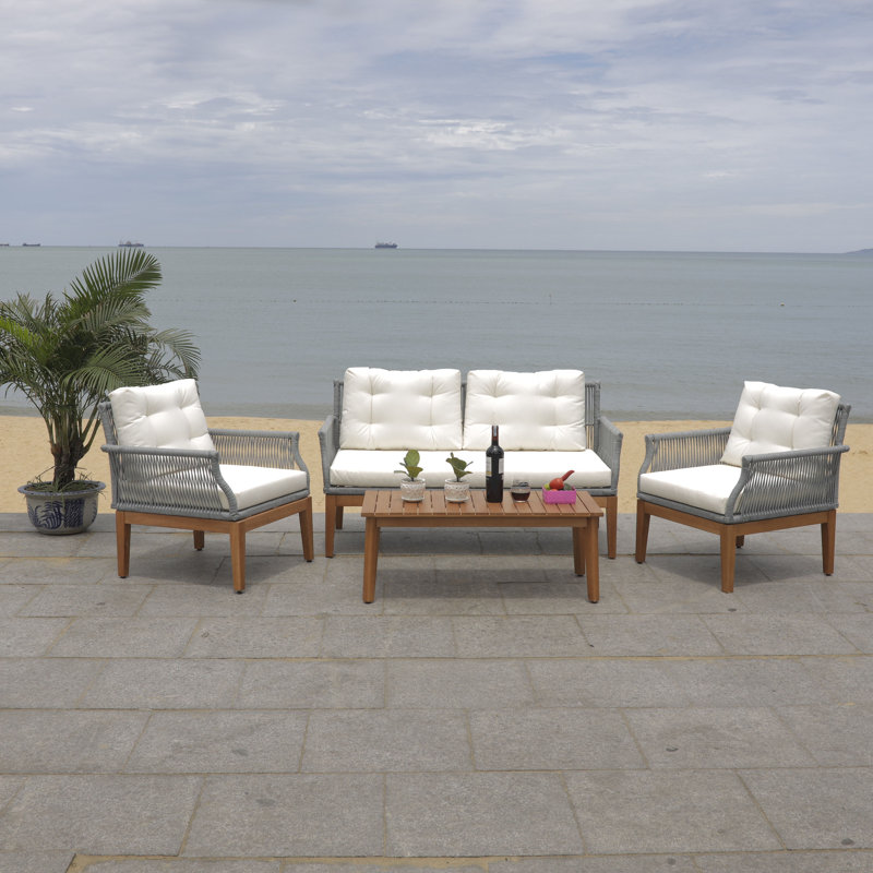 Artin Acacia Solid Wood 4 - Person Patio Conversation Set with Cushions, Gray, Beige