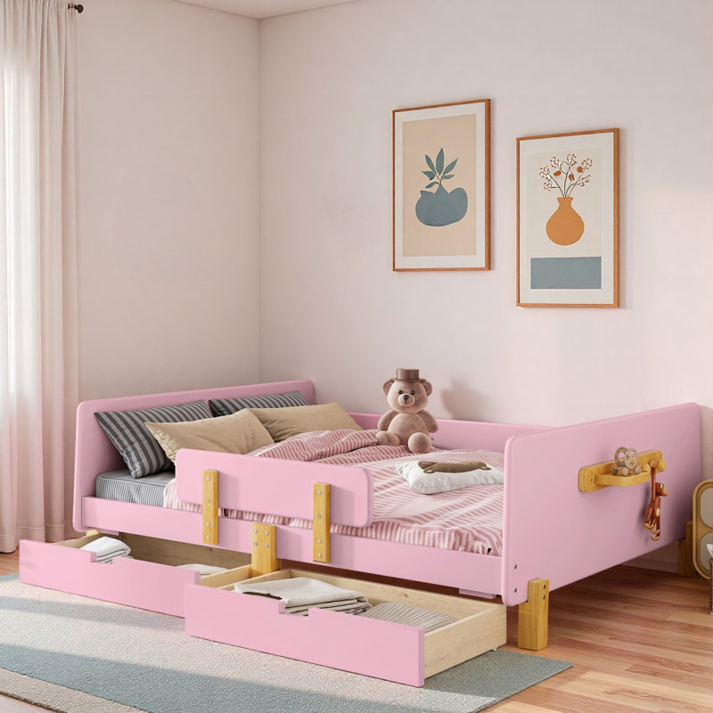 Lit plateforme avec tiroirs de rangement, garde-corps, petite tablette et crochets, Double, Rose