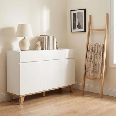 3 Drawers+3 Doors White Dresser, Handle-Free Modern Storage Chest with Solid Natural Wood Legs, Minimalist Drawer Cabinet