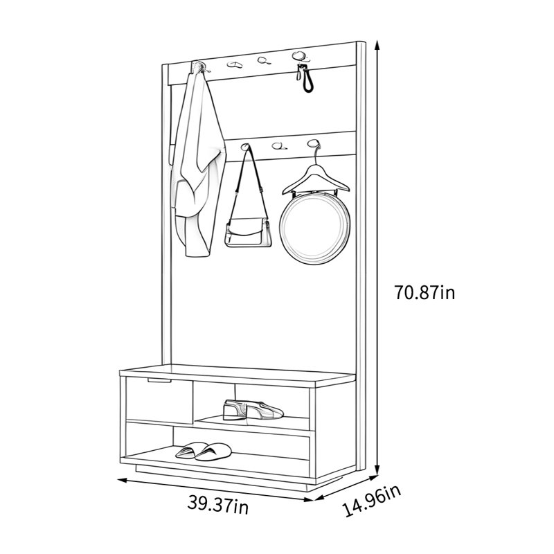 Multi-Hook Coat Rack with Storage Drawers, Burlywood