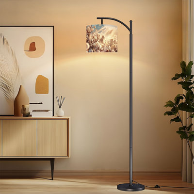 Arc Floor Lamp with Adjustable Lampshade Whimsical Watercolor Flower Field Cats Butterflies Standing Lamp 3 Color Temperatures Dimmable Tall Pole Lamp with Foot Switch for Bedroom