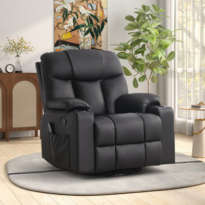 Arncliffe 37.8" Wide Faux Leather Swivel Rocker Manual Recliner Chair With Heated Massage & Dual Cupholders