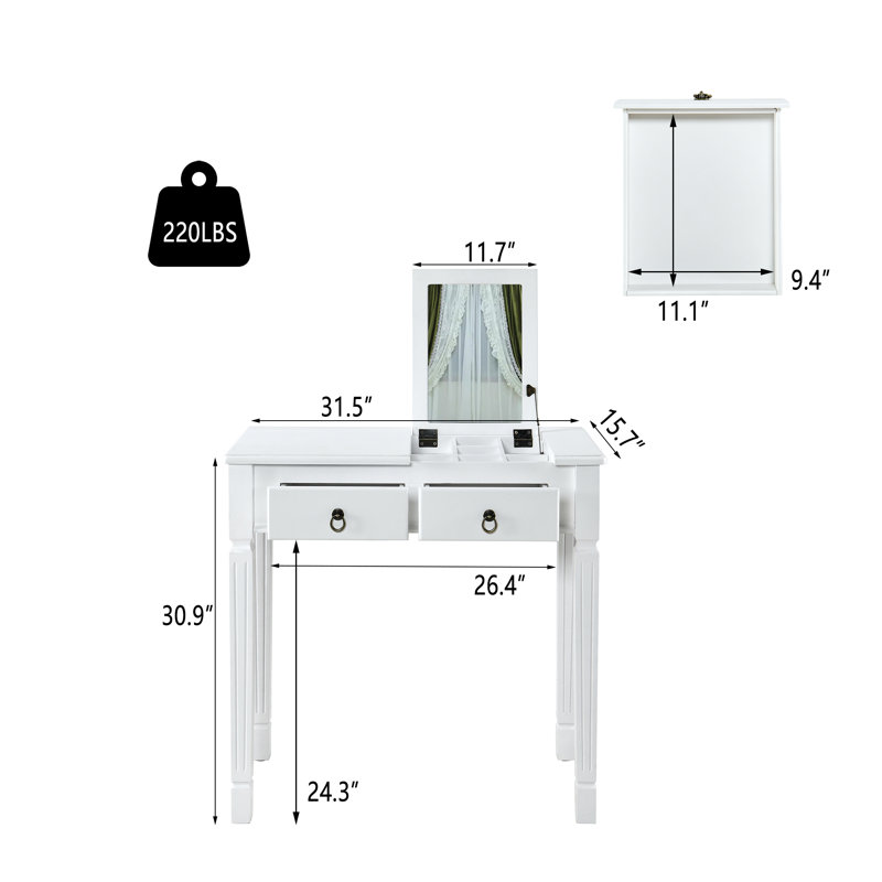 Meuble-lavabo et bureau en bois massif avec miroir rabattable et tiroirs de rangement, Blanc