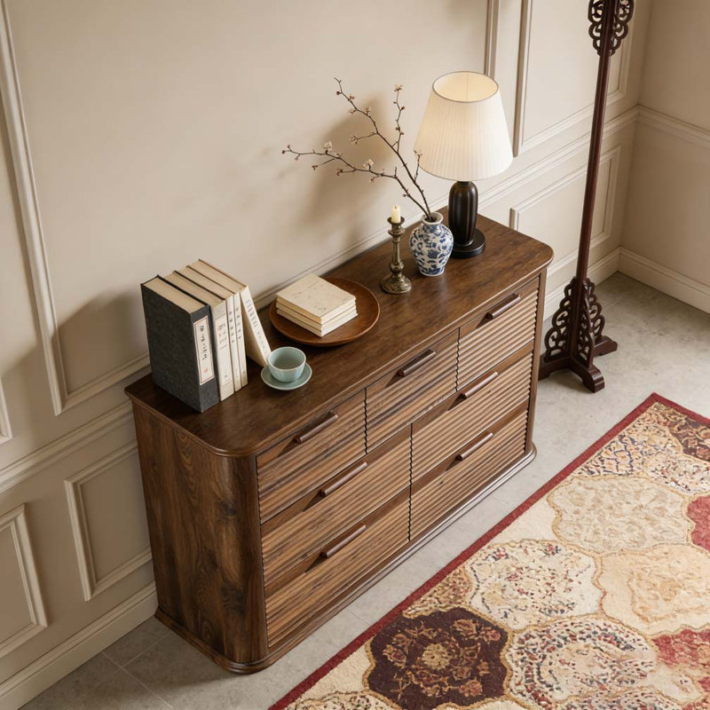 52" Wide Modern Wood Dresser for Bedroom, Chest of Drawers with Curved Profile Design, Walnut