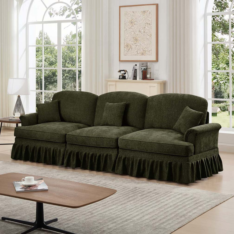 Chenille 2 Seater Sofa with Flared Arms and Removable Ruffles, Light Coffee, 36.6" H x 107.1" W x 32.8" D