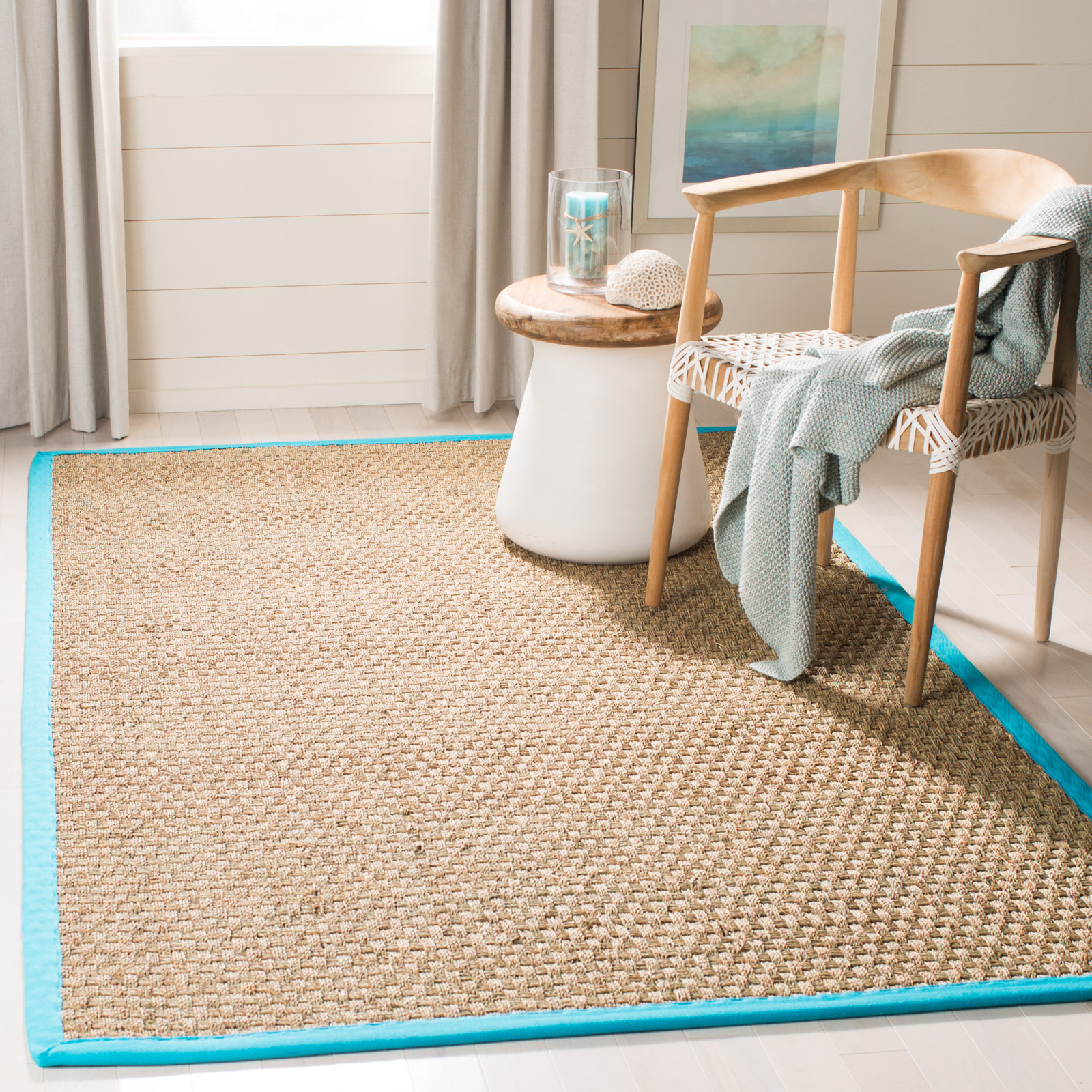 Natural Turquoise Bamboo Seagrass Rug, Rectangle 4' x 6'