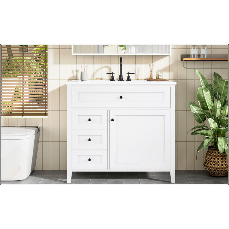 Meuble-lavabo moderne de 36 pouces avec lavabo, panneau de fibres à densité moyenne et armoire en bois d'hévéa, 3 tiroirs, tablette réglable pour le rangement et l'organisation