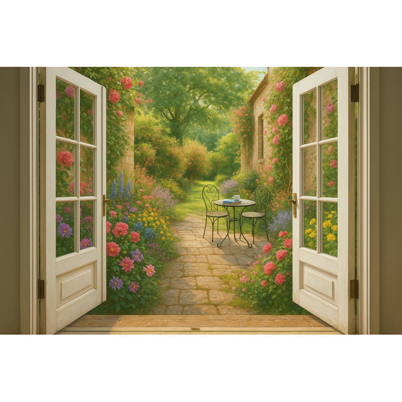 Thé dans le jardin - Cour romantique, art sur toile avec fleurs