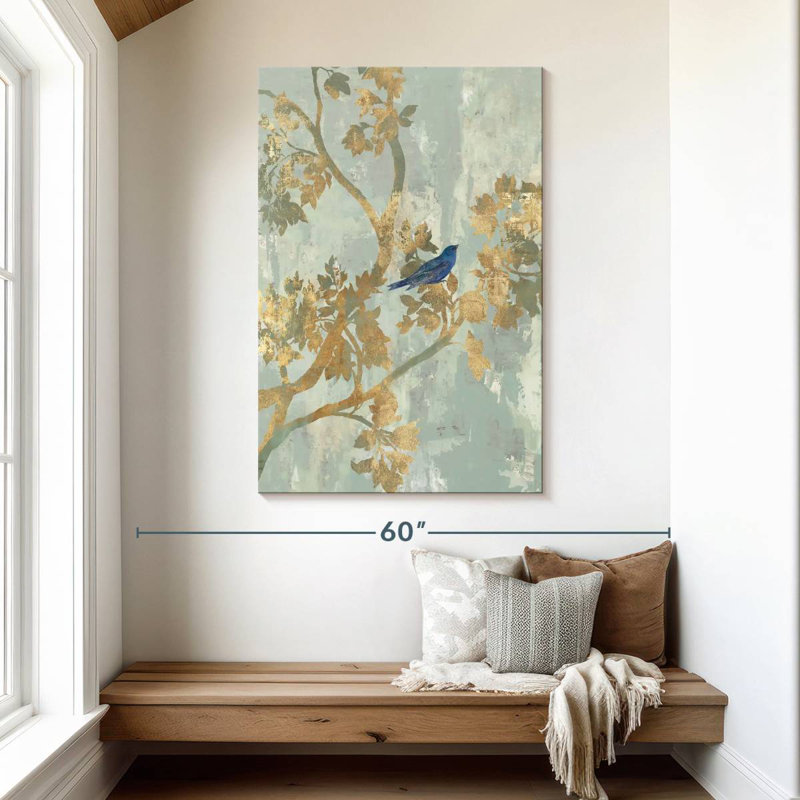 Oiseau bleu perché Brampt, H 48 po x l 32 po