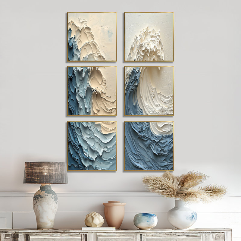 Ensemble d'art mural blanc et bleu style vague Papercut - vagues côtières de 6, Impression encadrée sans passe-partout, Doré