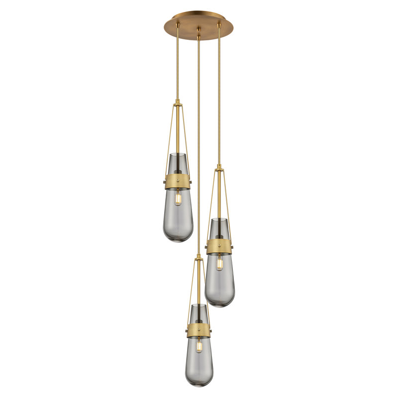 Luminaire suspendu grappe à 3 lumières Kimbolton, Laiton brossé, Gris fumée clair