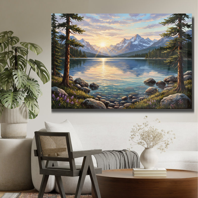 Tableau mural en verre trempé au coucher du soleil sur le lac alpin, H 16 po x l 20 po