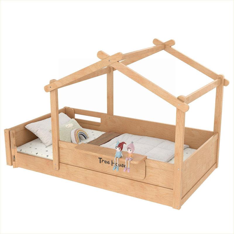 Childlike House Style Twin Kids Floor Platform Bed with Guardrails and Built-in Tray, Warm Natural Wood Construction, Brown