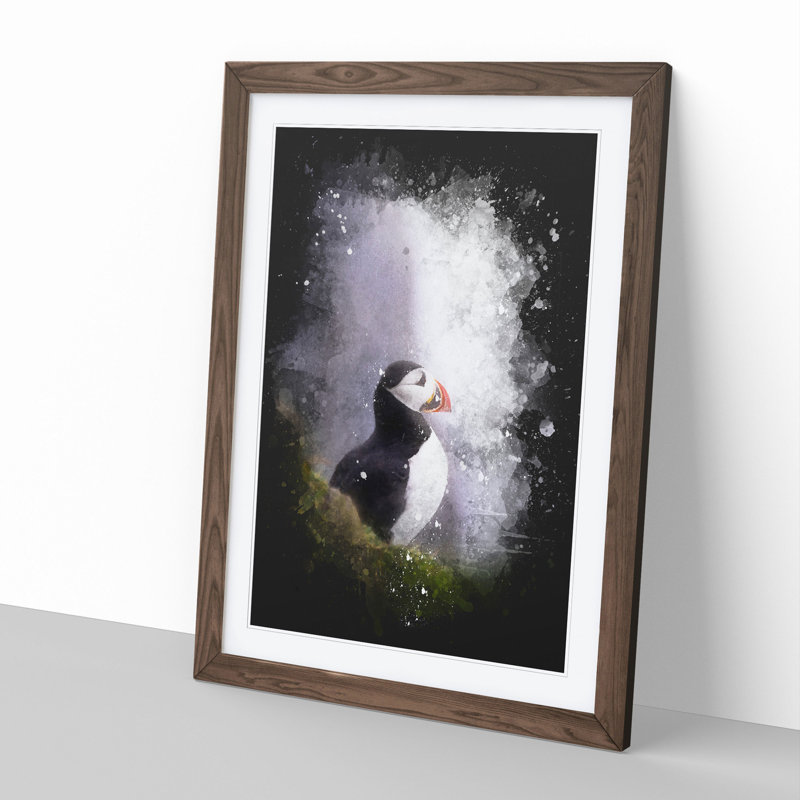 Atlantic Puffin Birds Vol.7 Paint Splash - Picture Frame Graphic Art, 65cm H x 48cm W x 2cm D, Walnut