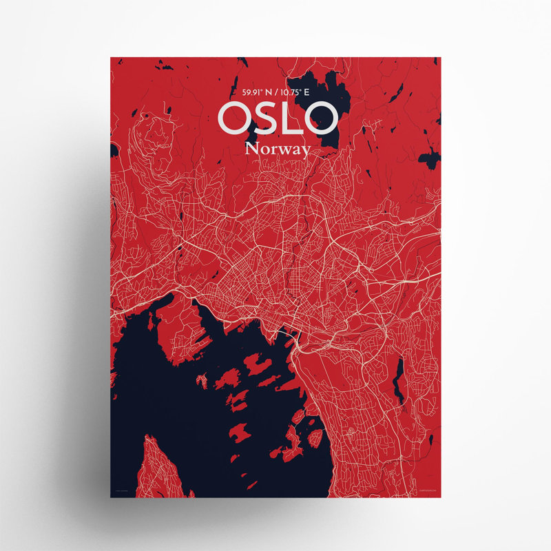 Oslo, carte de la ville, impression, Rouge / bleu marine, H 24 po x l 18 po