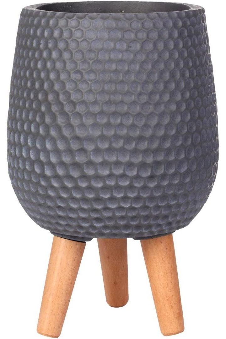 Concrete Effect Round Planter on Hardwood Legs, Round Indoor Plant Pot Stand for Indoor Plants, Indoor Flower Pot with Honeycomb Pattern