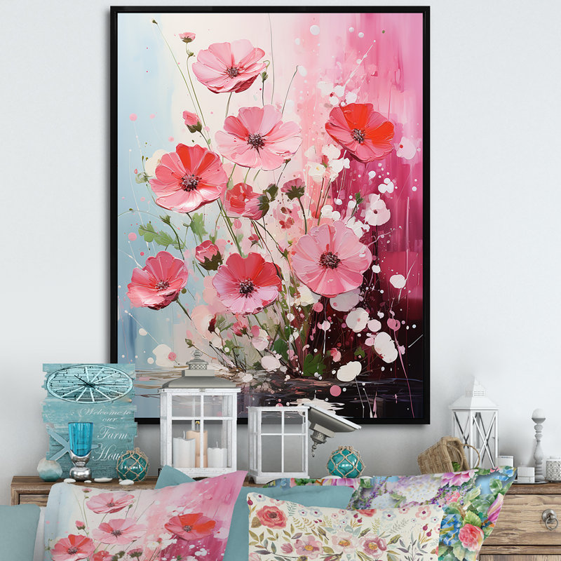 Fuchsia rose et pétales printaniers - Fuschia, Cadre flottant noir, H 20 po x l 12 po x P 1 po