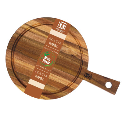 Plateau de service pour pizza en bois d'acacia NEUF WAY PRE-VIDÉO - Panneau léger de 10 pouces avec poignée, rainure à jus et trou de suspension (épaisseur de 0,55 po) - Idéal pour le pain et le fromage