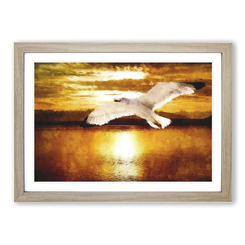 Seagull and Orange Sunset Vol.1 - Picture Frame Graphic Art, 36cm H x 48cm W x 2cm D, Oak Framed
