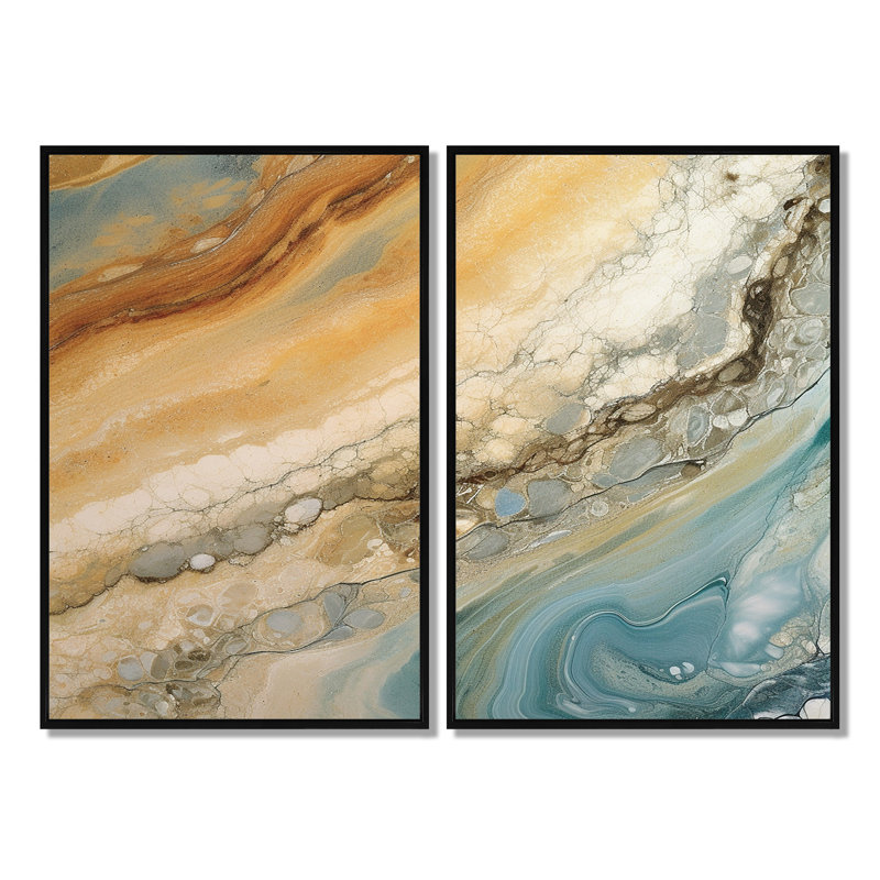 «Beige Blue Aqua Symphony», art mural abstrait grand, Floater Framed Print without Mat, Black, 36" H x 48" W
