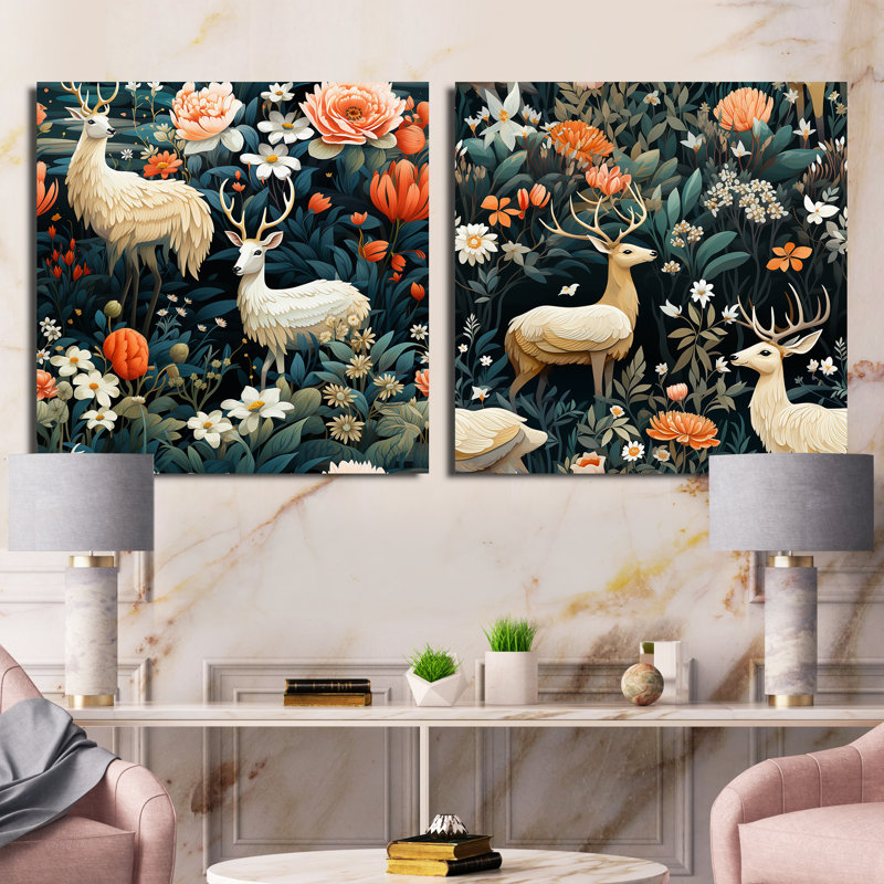 Faune, forêt, cerf, motif animal - ensemble de 2 animaux, Toile tendue, H 36 po x l 73 po