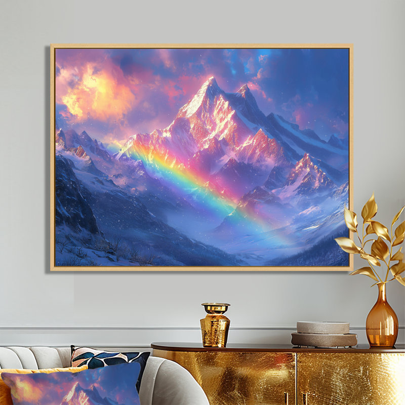 Arc-en-ciel et les montagnes enneigées II - art mural arc-en-ciel, H 34 po x l 44 po, Cadre crème crème