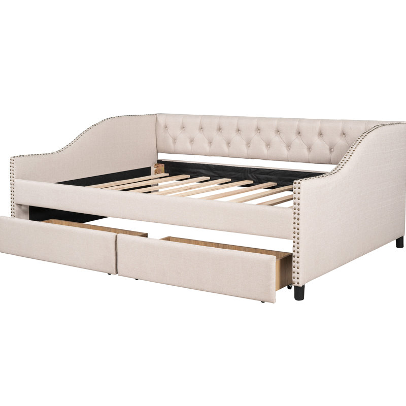 Beige Upholstered Daybed With Two Practical Drawers & Stable Wood Slat Frame - Upgrade Your Bedroom Decor Full Size Versatile Base Customize Living Area